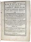 PRYNNE, WILLIAM. The Antipathie of the English Lordly Prelacie, both to Regall Monarchy, and Civill Unity.  Part 1 (of 2).  1641